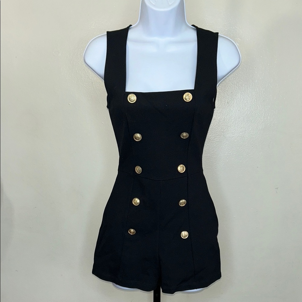 Forever 21 Black Sleeveless Double-Breasted Romper with Gold Buttons